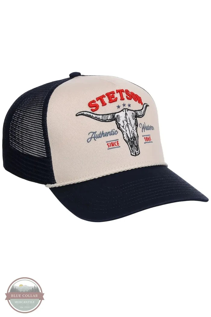 Stetson SCSK6T-0003 Skull Trucker Hat in Off White / Denim front view