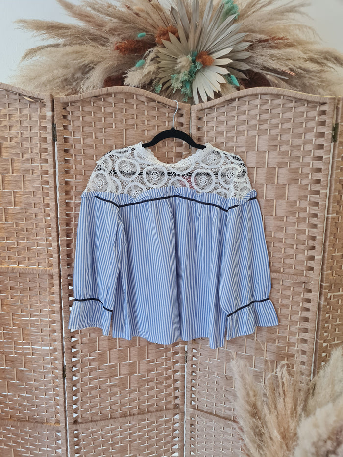Silvian Heach Blue & White Stripe Lace Top M