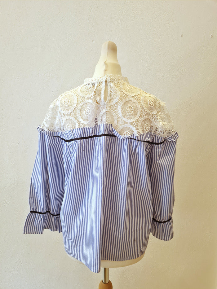 Silvian Heach Blue & White Stripe Lace Top M