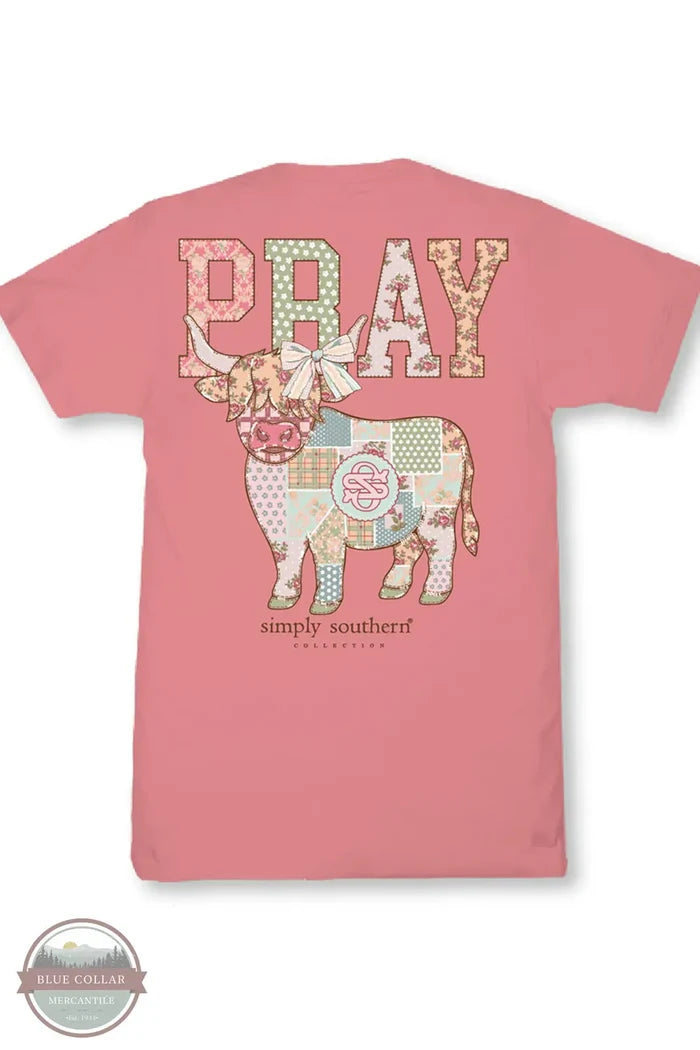 Simply Southern SS-PRAY-TEAROSE Women's Pray Patchwork Cow Short Sleeve T-Shirt in Tearose Pink back view of shirt