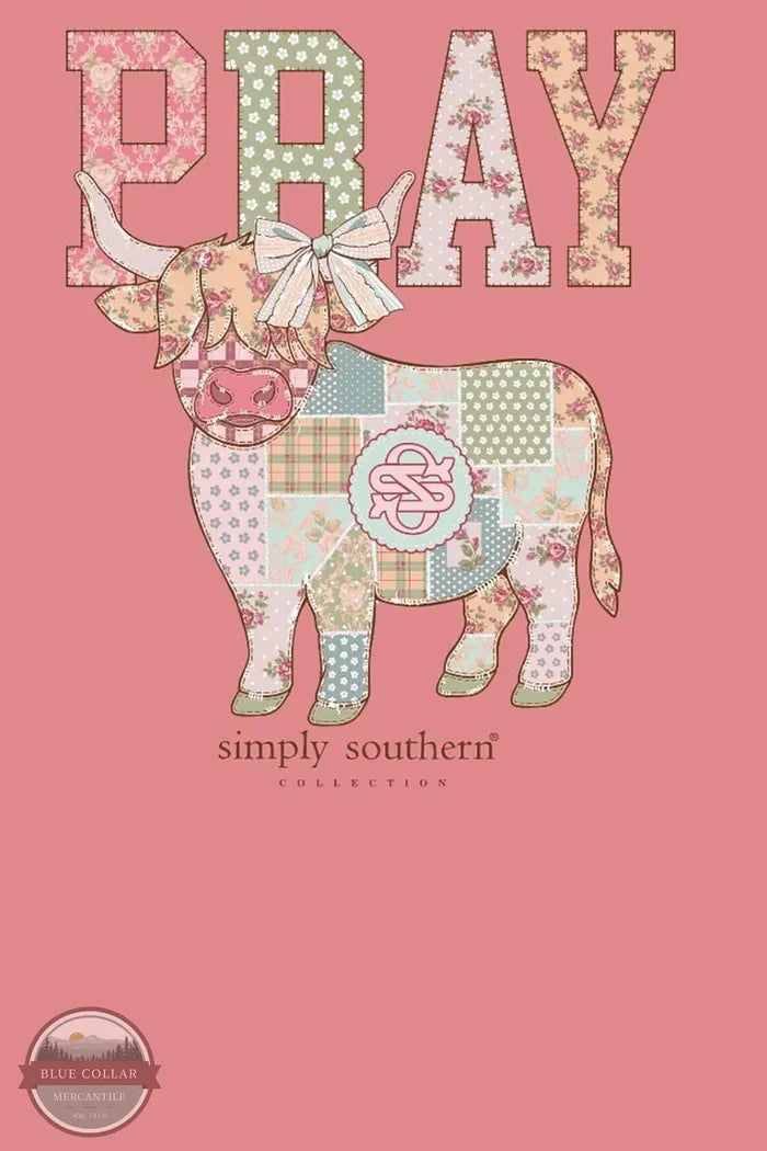 Simply Southern SS-PRAY-TEAROSE Women's Pray Patchwork Cow Short Sleeve T-Shirt in Tearose Pink imprint view