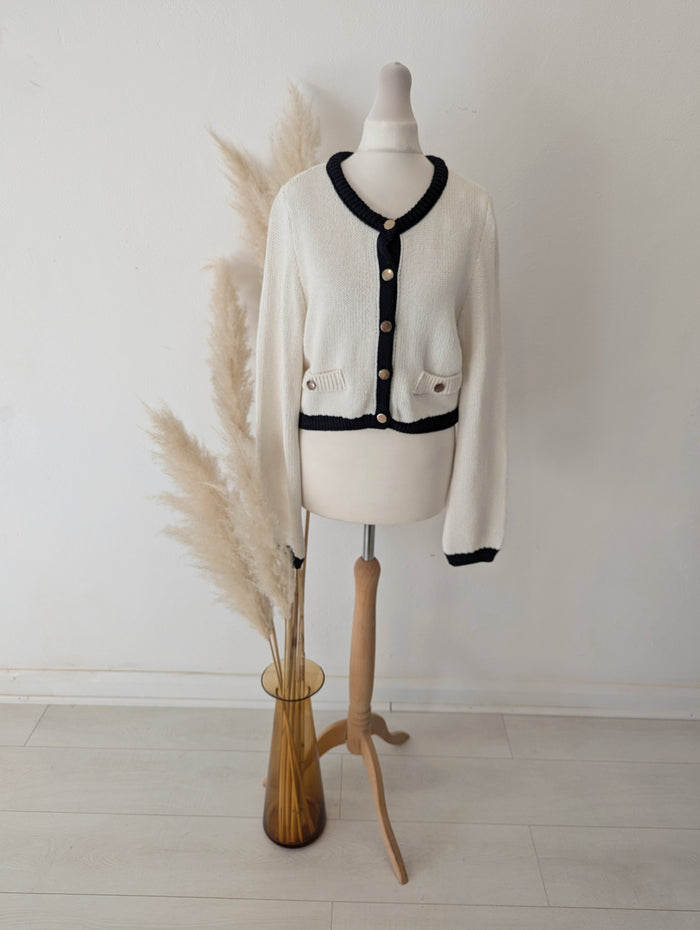 Stradivarius White Navy Trim cardigan M NWT