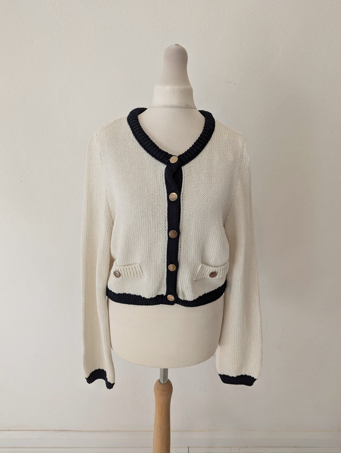 Stradivarius White Navy Trim cardigan M NWT