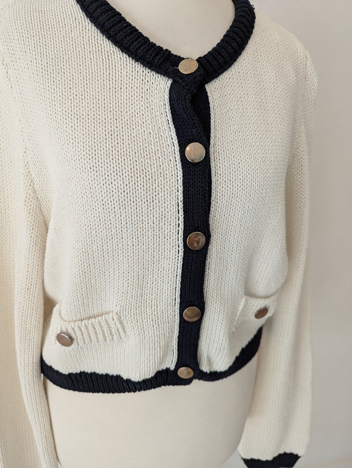 Stradivarius White Navy Trim cardigan M NWT