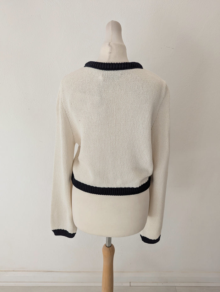 Stradivarius White Navy Trim cardigan M NWT