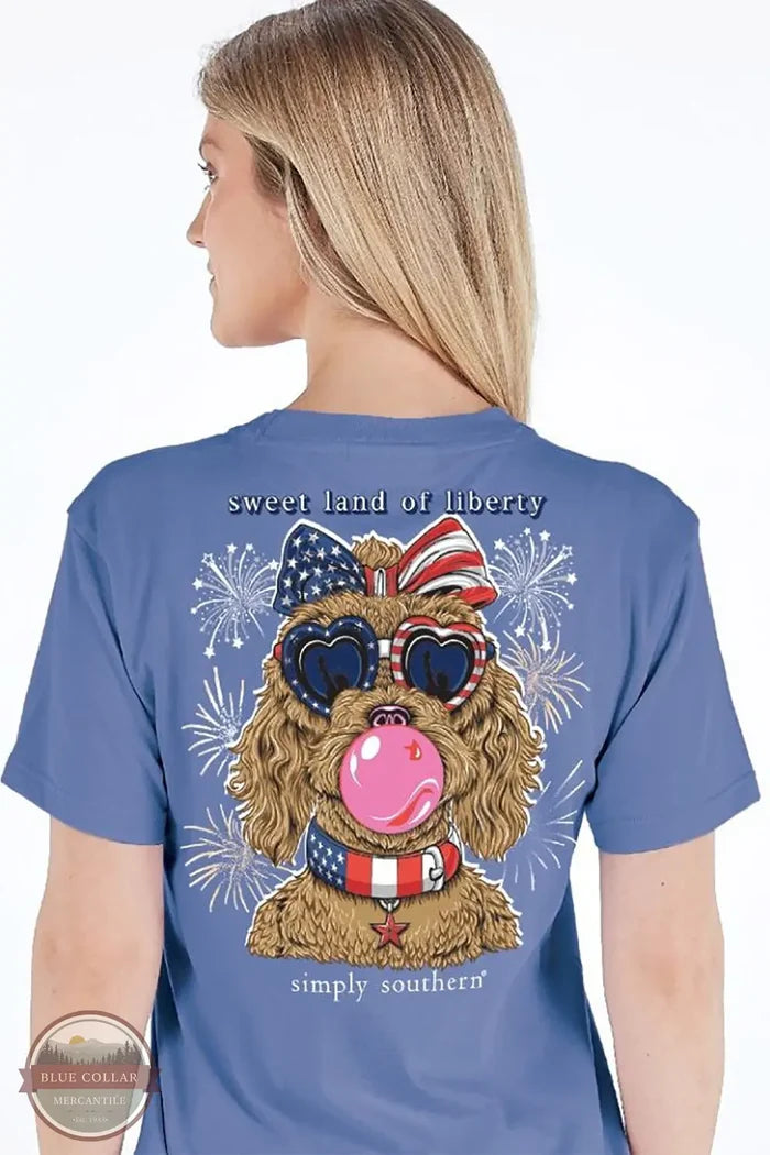 Simply Southern SS-DOGLIBERTY-WAVE Sweet Land Of Liberty Puppy Short Sleeve T-Shirt in Blue, model