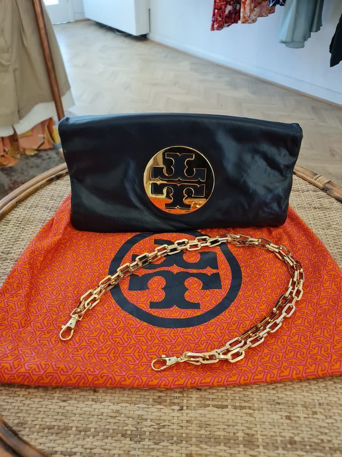 Tory Burch Navy Leather Fold Over Clutch