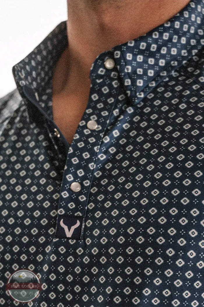 Vexil Brand – Western Pearl Snap Polo - Tribal Board | Navy close up detail of front shirt