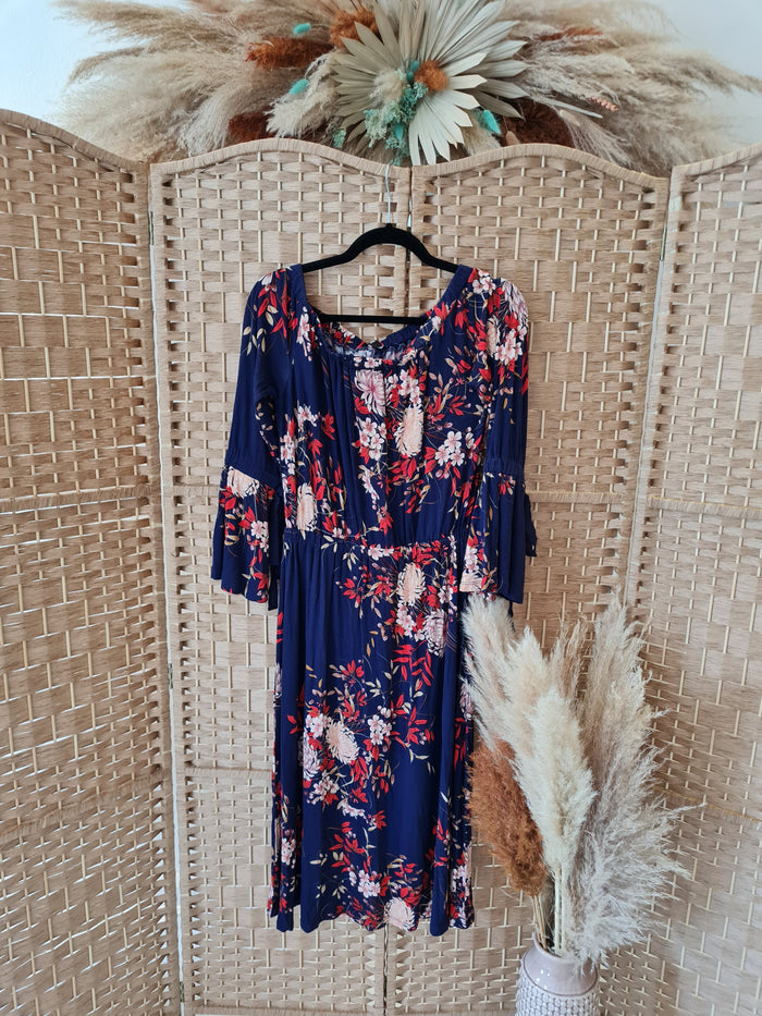 Very Navy floral off shoulder Dress 10 New