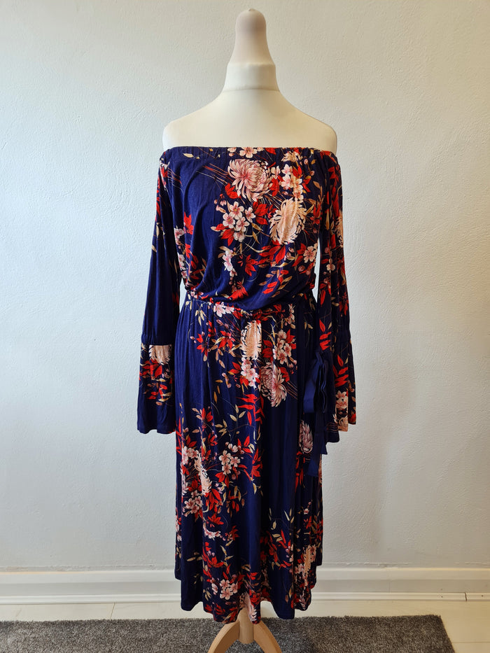 Very Navy floral off shoulder Dress 10 New