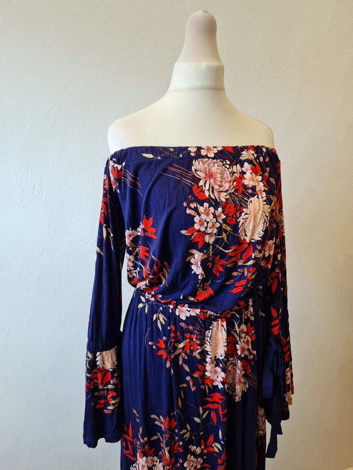 Very Navy floral off shoulder Dress 10 New