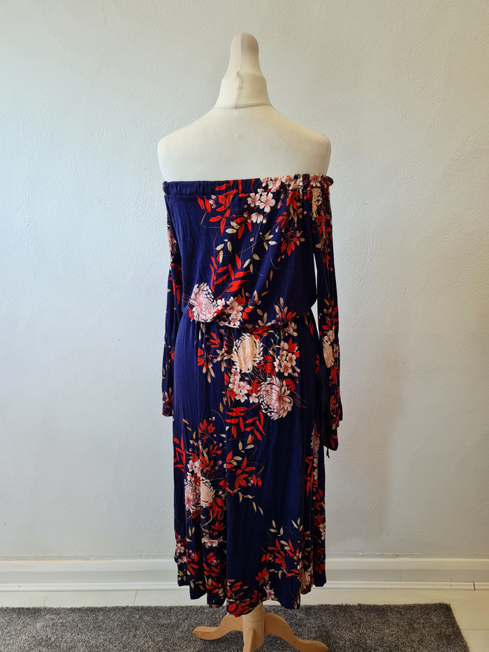 Very Navy floral off shoulder Dress 10 New
