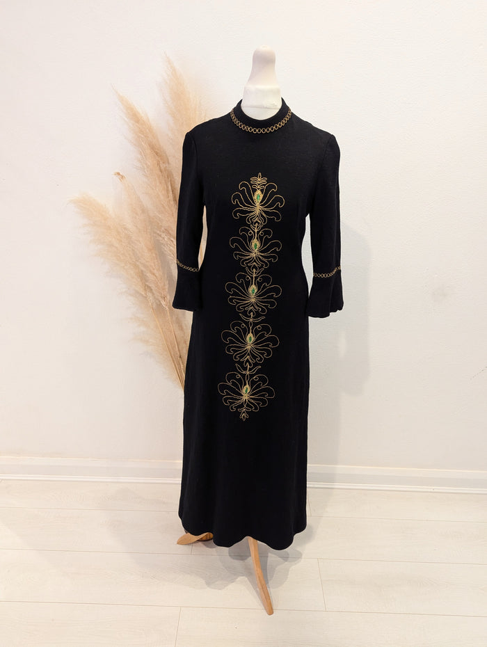 Vintage Black Gold Embroidered Dress XS