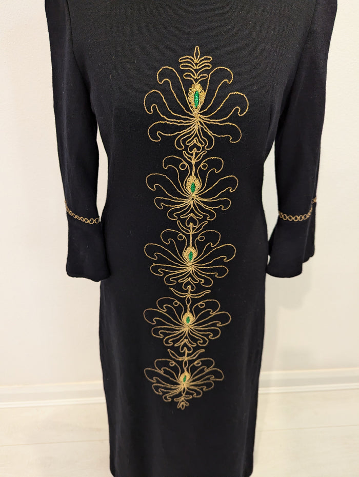 Vintage Black Gold Embroidered Dress XS