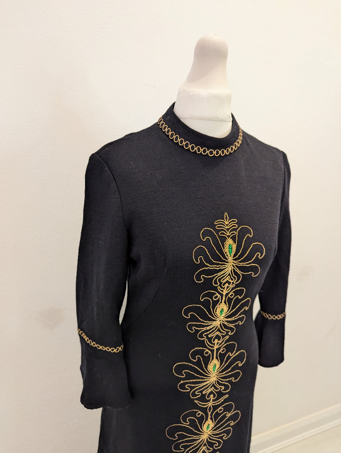 Vintage Black Gold Embroidered Dress XS