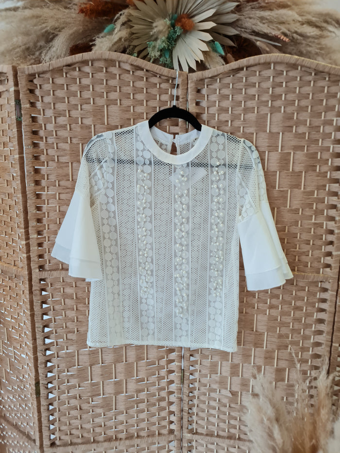White Mesh & Pearl Top S