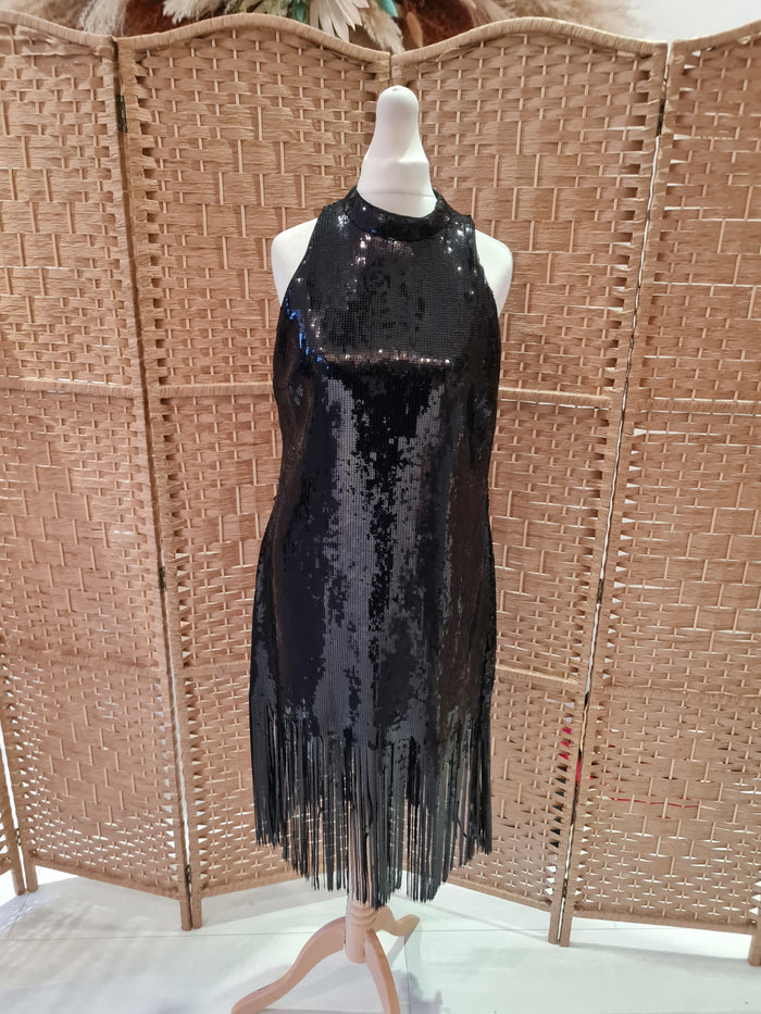 Zara Black Sequin Fringe Dress L