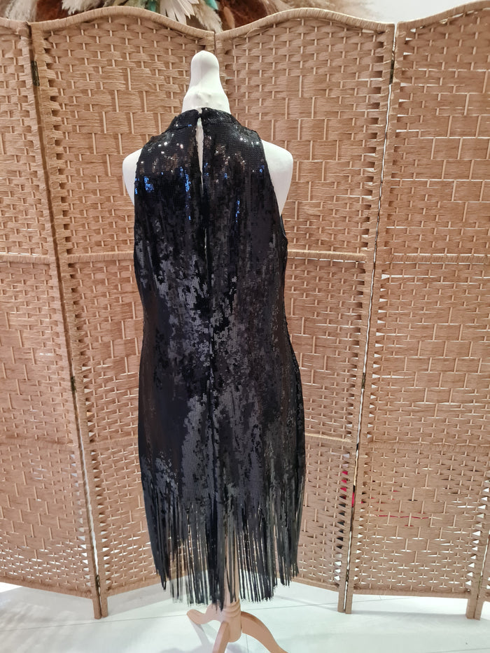 Zara Black Sequin Fringe Dress L