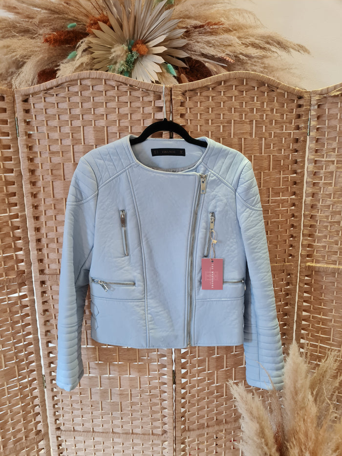 Zara blue pleather biker jacket XL