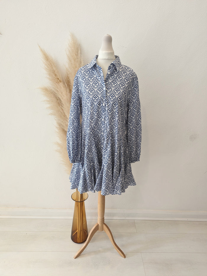 Zara Blue White Patterned Dress S