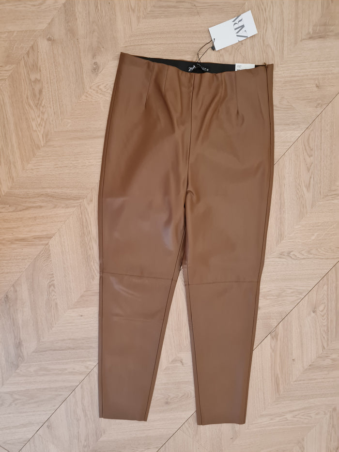 Zara Brown faux leather leggings XL New