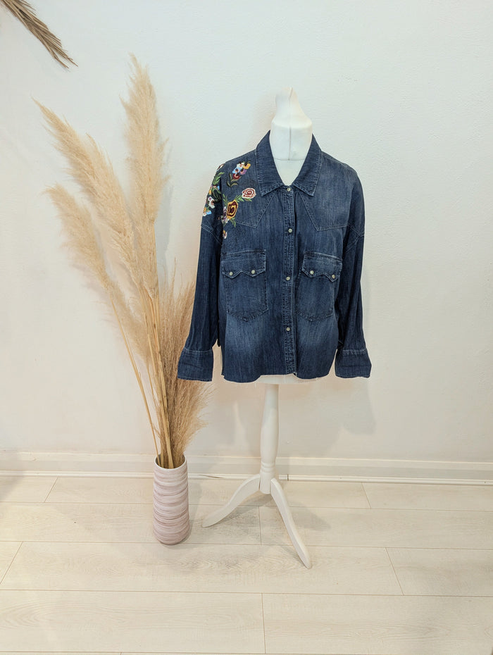 Zara Floral Denim Jacket L