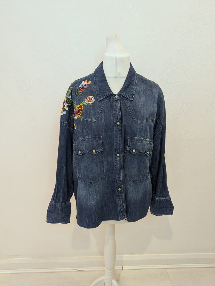 Zara Floral Denim Jacket L