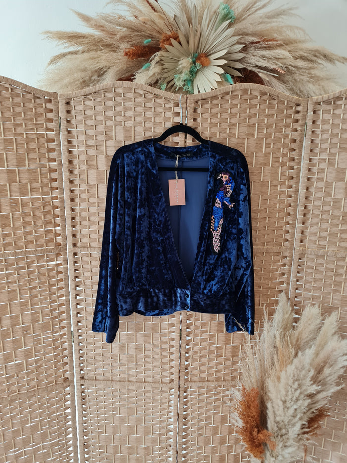 Zara Petrol Velour wrap top Size S
