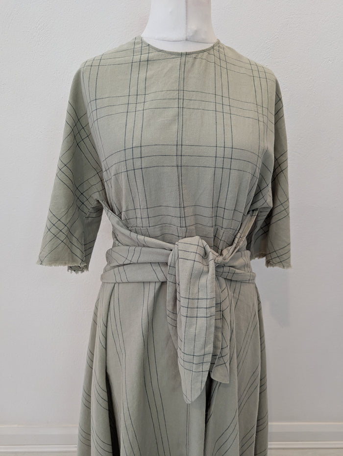 Zara Sage check Cotton Linen Dress M